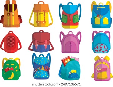 Set of different backpack and school bag. Back to school, kids bags collection. Hand drawn vector illustration isolated on white background. Modern flat cartoon style