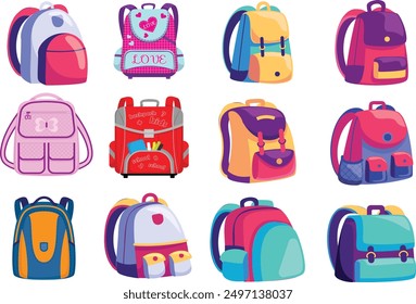 Set of different backpack and school bag. Back to school, kids bags collection. Hand drawn vector illustration isolated on white background