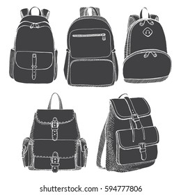 Set of different backpacks, men, women and unisex. Backpacks isolated on white background. Vector illustration in sketch style.