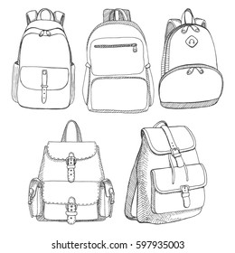 Set of different backpacks, men, women and unisex. Backpacks isolated on white background. Vector illustration in sketch style.