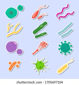 Set of different bacteria and germs icons or stickers. Vector illustration. Illness colorful cells, bacterium and microscopic probiotics and coronavirus flat signs.