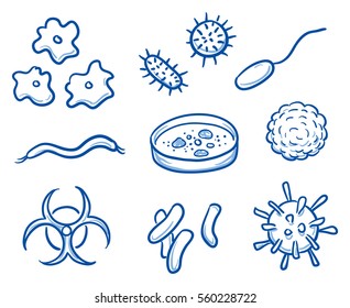 Set of different bacteria and viruses, for medical info graphics. Hand drawn line art cartoon vector illustration.