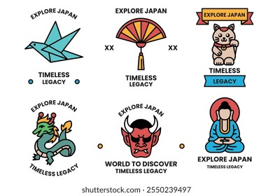 A set of different badges in concept of Explore Japan