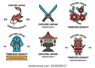 A set of different badges in concept of Explore Japan
