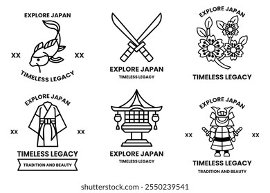 Um conjunto de distintivos diferentes no conceito de Explorar o Japão