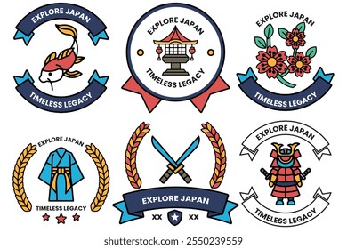 Um conjunto de distintivos diferentes no conceito de Explorar o Japão