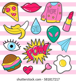 Set of different badges. Fashion patches, stickers, pins and signs with heart, lips, eye, speech bubbles in 80s 90s style isolated on white background.