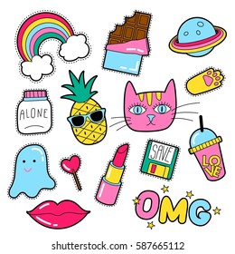 Set of different badges. Fashion patches, stickers, pins and signs with heart, lips, rainbow, cat, lipstick in 80s 90s style isolated on white background.