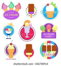Set of different badges and labels of ice cream. Colorful vector illustration. Collection of sweet desserts. Cartoon flat style
