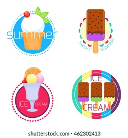 Set of different badges and labels of ice cream. Colorful vector illustration. Collection of sweet desserts. Cartoon flat style