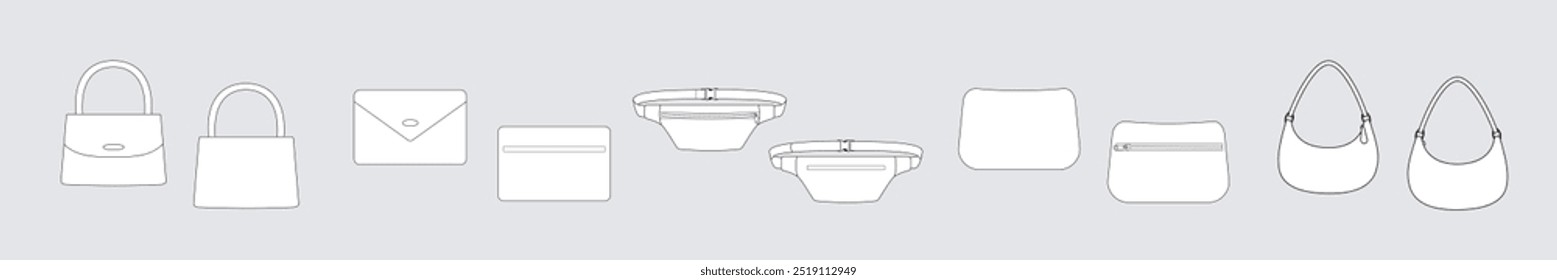 Set of different bags:  handbag,waist bag, clutch vector template isolated on white. Apparel models sketch set. Outline for fashion clothes design. Front and back view	