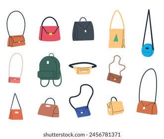 Conjunto de diferentes bolsas aisladas. Bolso, embrague, cintura, bolso de viaje y bolsos de la bolsa. Mujer Accesorios Colección. Diferentes bolsos femeninos, vista lateral. Ilustración vectorial plana de dibujos animados