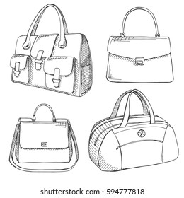 Set of different bags, men, women and unisex. Bags isolated on white background. Vector illustration in sketch style.