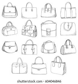 Set of different bags, men, women and unisex. Bags isolated on white background. Vector illustration in sketch style.