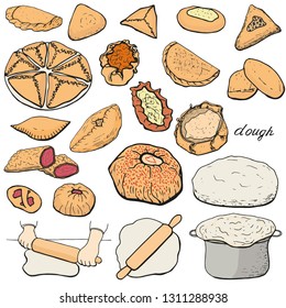 Set of different baked goods, pies, dough. Isolated objects on white background. Apply to the bakery, pie shop, cafe, pizzeria, restaurant, design, menu.