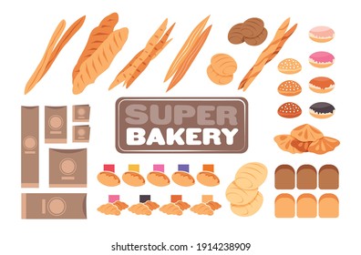 set different bakery pastry products collection horizontal vector illustration