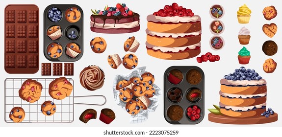 Set aus verschiedenen Backwaren einzeln auf Weiß. Vektorgrafik von Kuchen, Keksen, Muffins, Schokolade, Cupcakes. Bäckereien, Café, Geschäfte, Dessert, Süßigkeiten Konzept.