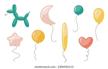 Set of different balloons in cartoon style. Beautiful holiday items.