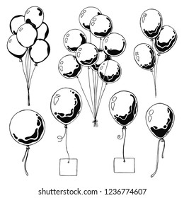 Set of different balloons. Inflatable balls on a string. Inflatable balloons with a card for text. Sketch