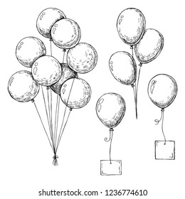 Set of different balloons. Inflatable balls on a string. Inflatable balloons with a card for text. Sketch