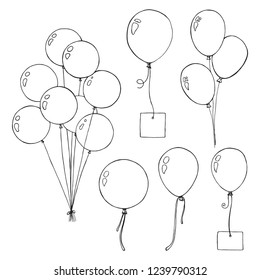 Set of different balloons. Inflatable balls on a string. Inflatable balloons with a card for text. Sketch