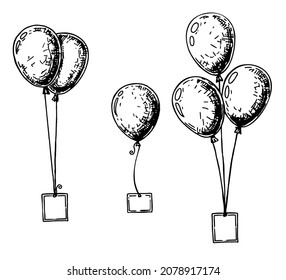 Set of different balloons. Inflatable balls on a string sketch. Inflatable balloons with a greeting card for text. 