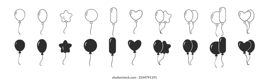 Set of different balloons vector icons set. Black linear bunch balloons with rope. Party balloon icon decoration birthday vector.
