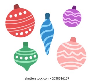 Set of different balls for Christmas tree. Vector hand drawn elements isolated on white background.