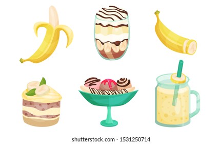 Set of different banana desserts. Vector illustration.