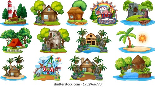 Set of different bangalows and island beach theme and amusement park isolated on white background illustration