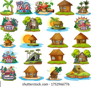 Set of different bangalows and island beach theme and amusement park isolated on white background illustration