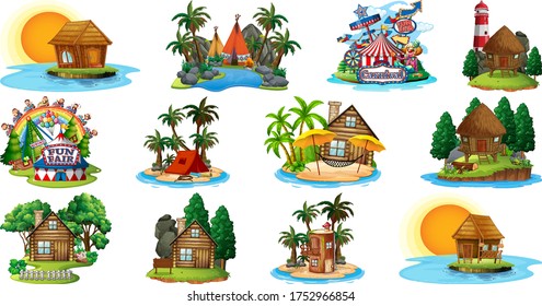 Set of different bangalows and island beach theme and amusement park isolated on white background illustration