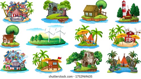 Set of different bangalows and island beach theme and amusement park isolated on white background illustration