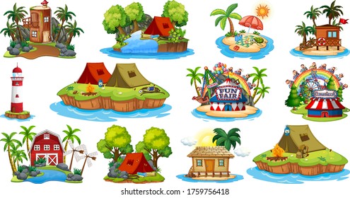 Set of different bangalows and island beach theme and amusement park isolated on white background illustration