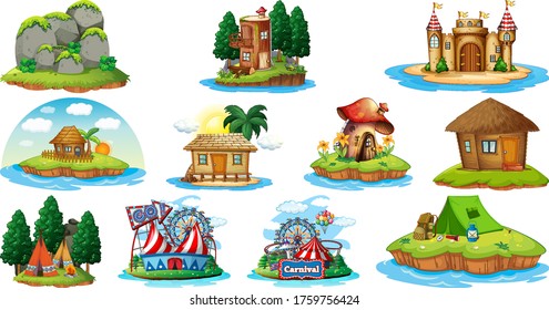 Set of different bangalows and island beach theme and amusement park isolated on white background illustration