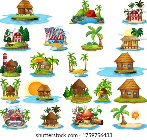 Set of different bangalows and island beach theme and amusement park isolated on white background illustration