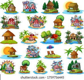 Set of different bangalows and island beach theme and amusement park isolated on white background illustration