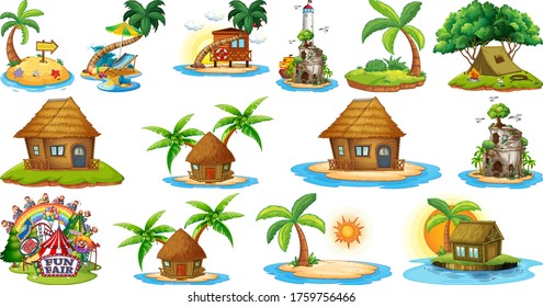 Set of different bangalows and island beach theme and amusement park isolated on white background illustration