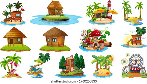 Set of different bangalows and island beach theme and amusement park isolated on white background illustration