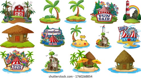 Set of different bangalows and island beach theme and amusement park and farm isolated on white background illustration