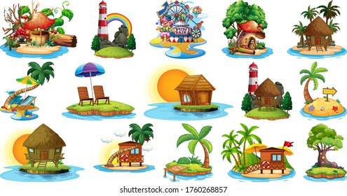 Set of different bangalows and island beach theme and amusement park isolated on white background illustration