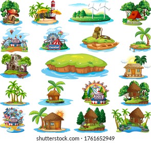 Set of different bangalows and island beach theme and amusement park isolated on white background illustration