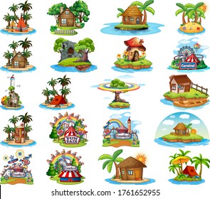 Set of different bangalows and island beach theme and amusement park isolated on white background illustration