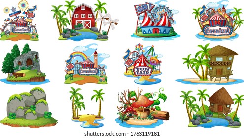 Set of different bangalows and island beach theme and amusement park isolated on white background illustration