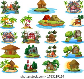 Set of different bangalows and island beach theme and amusement park isolated on white background illustration