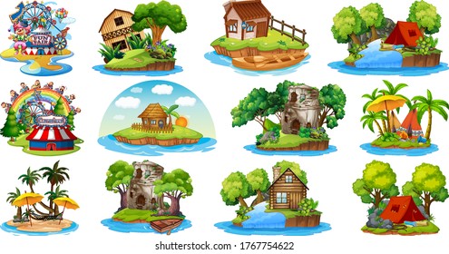 Set of different bangalows and island beach theme and amusement park isolated on white background illustration