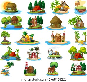 Set of different bangalows and island beach theme and amusement park isolated on white background illustration