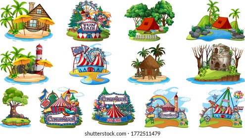 Set of different bangalows and island beach theme and amusement park isolated on white background illustration