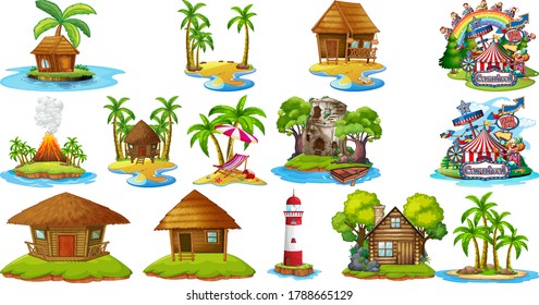 Set of different bangalows and island beach theme and amusement park isolated on white background illustration