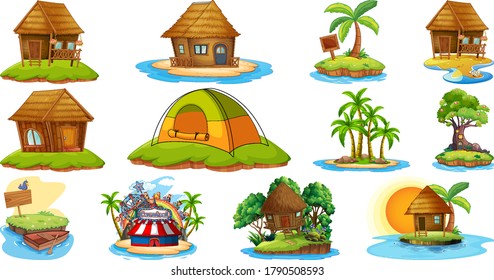 Set of different bangalows and island beach theme and amusement park isolated on white background illustration